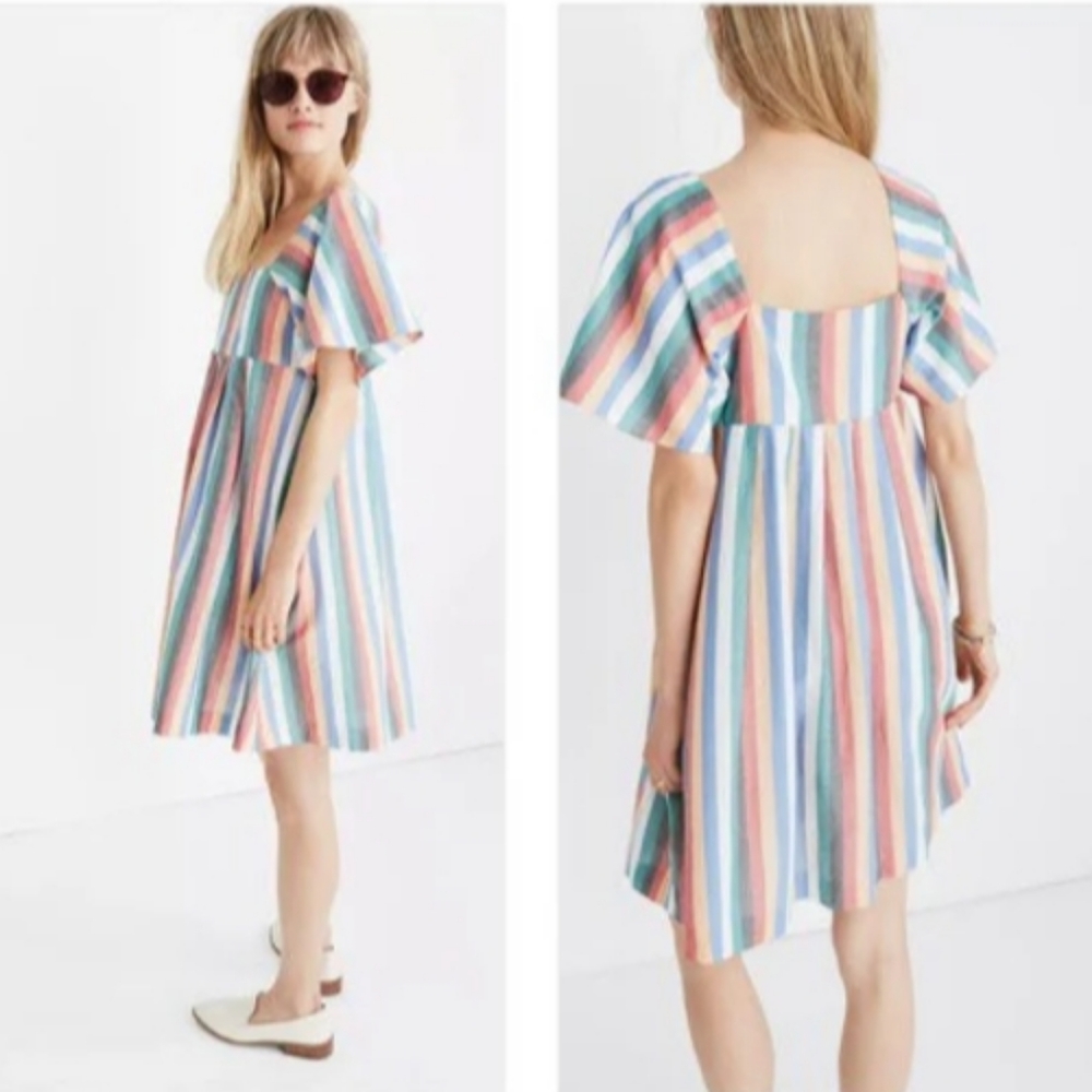 MADEWELL MULTI COLOR RAINBOW STRIPES SQUARE NECK FLARE SLEEVE MINI DRESS